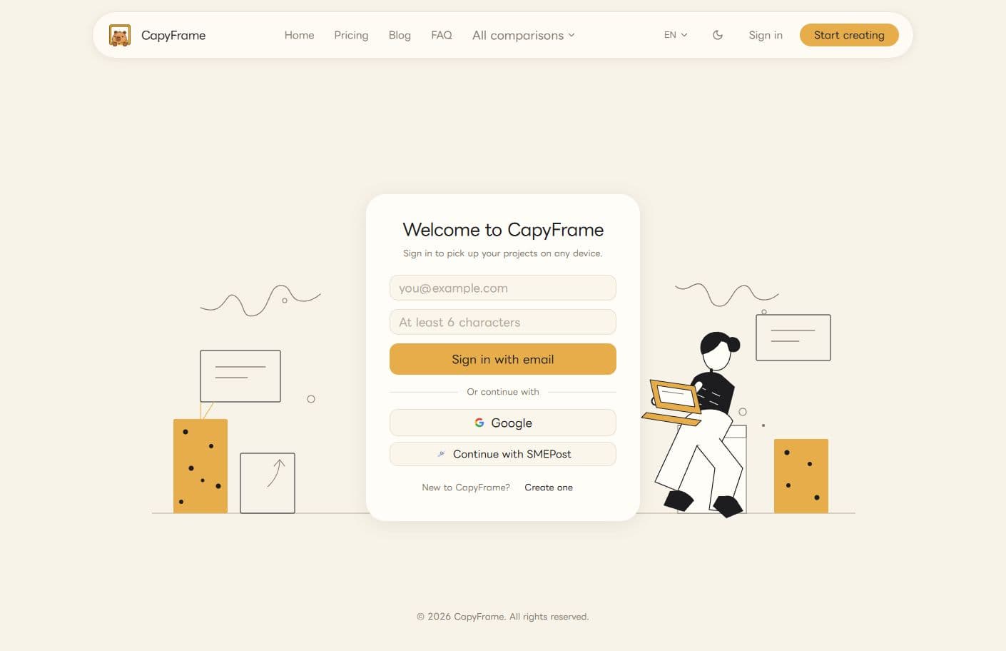 浅色模式的 CapyFrame 英文登录页